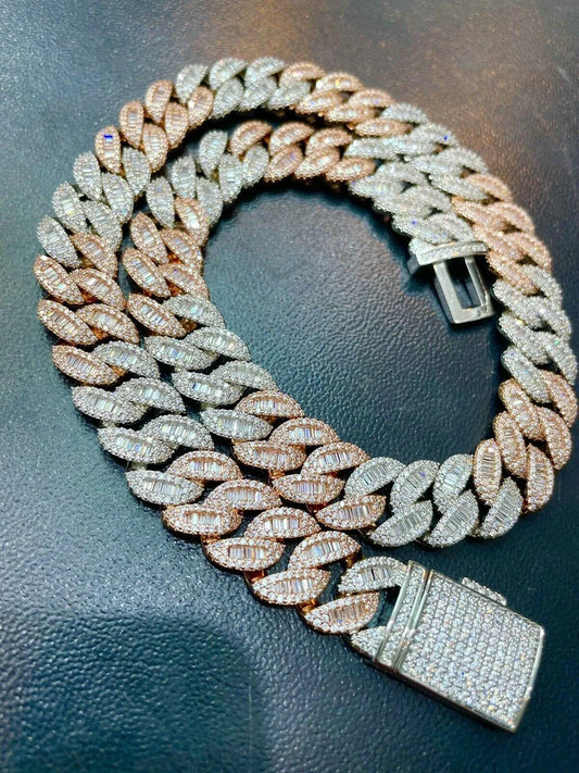 16MM Baguette Moissanite 2 Tone Cuban Link