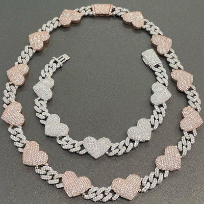 16MM 2 Tone Moissanite Cuban Link Hearts Edition