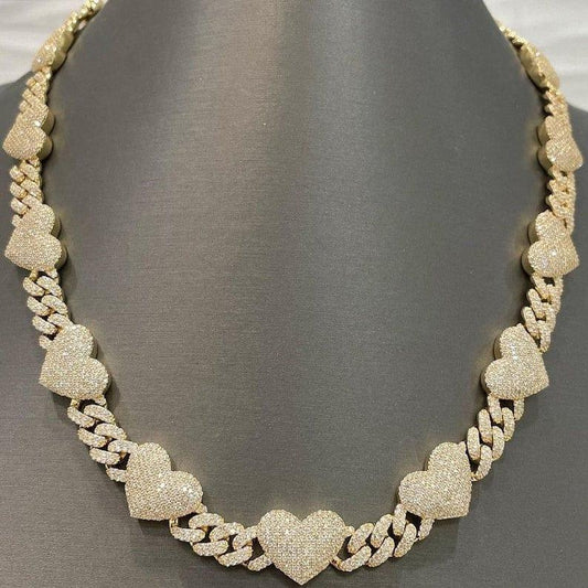 16MM 2 Tone Moissanite Cuban Link Hearts Edition